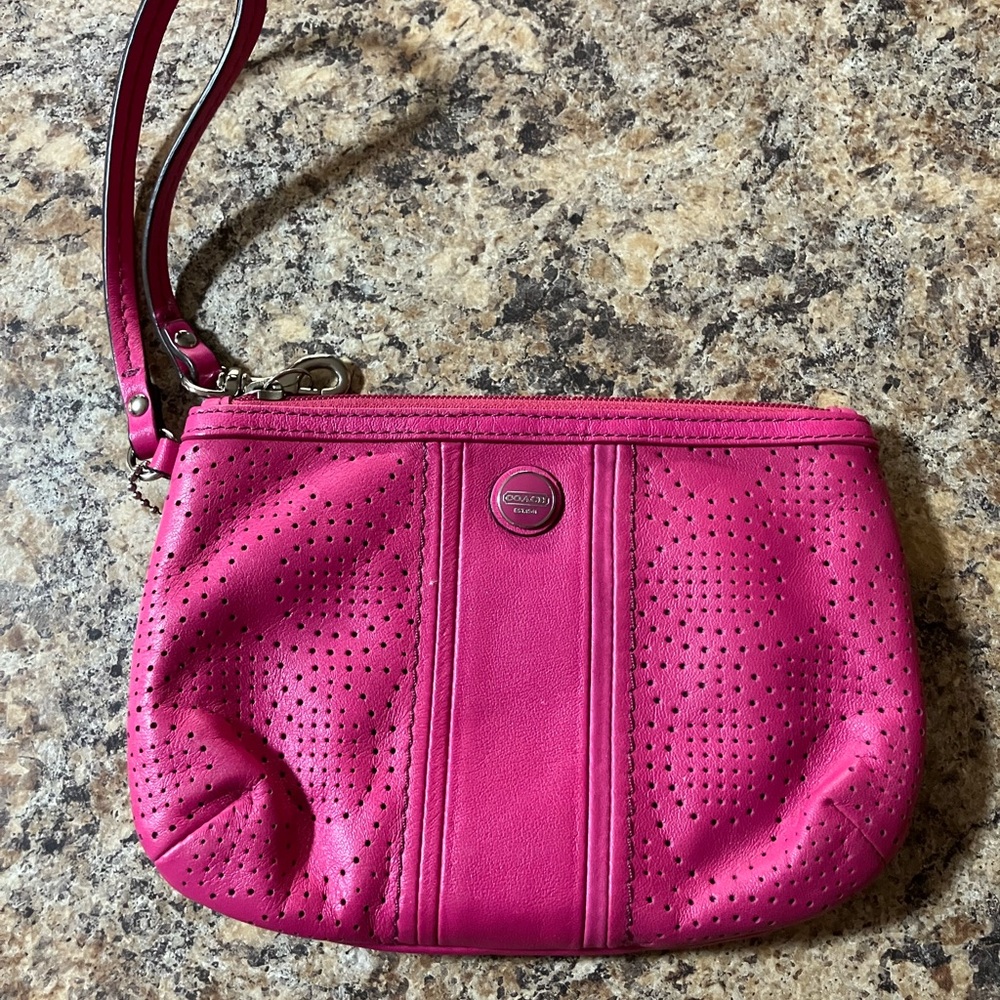 🌸 Coach Hot Pink Perforated Leather Wristlet